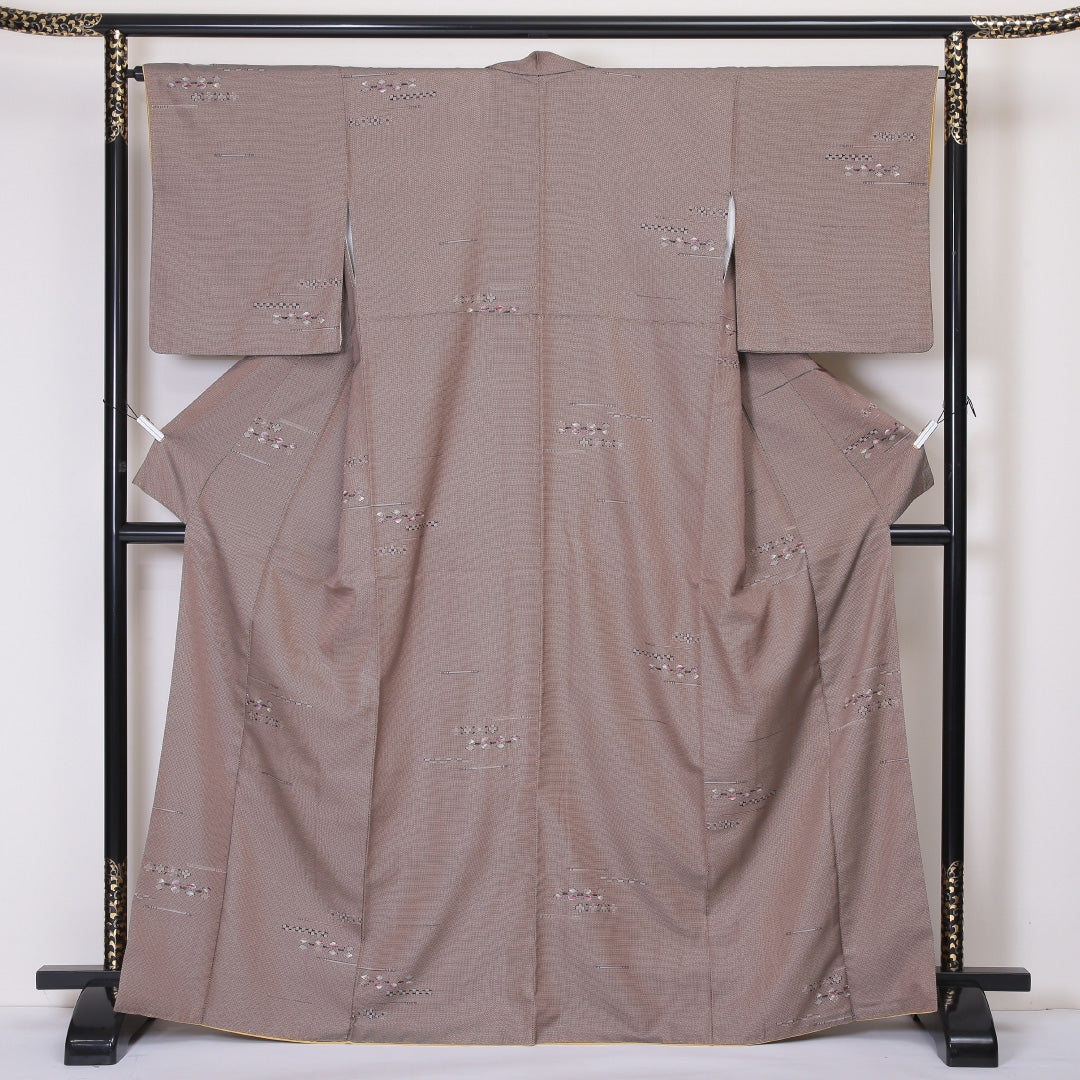 お召 袷 身丈167cm 裄丈64cm 正絹 Bランク インフォーマル 広衿 XLサイズ 創作柄 茶系 RP 1222-03420