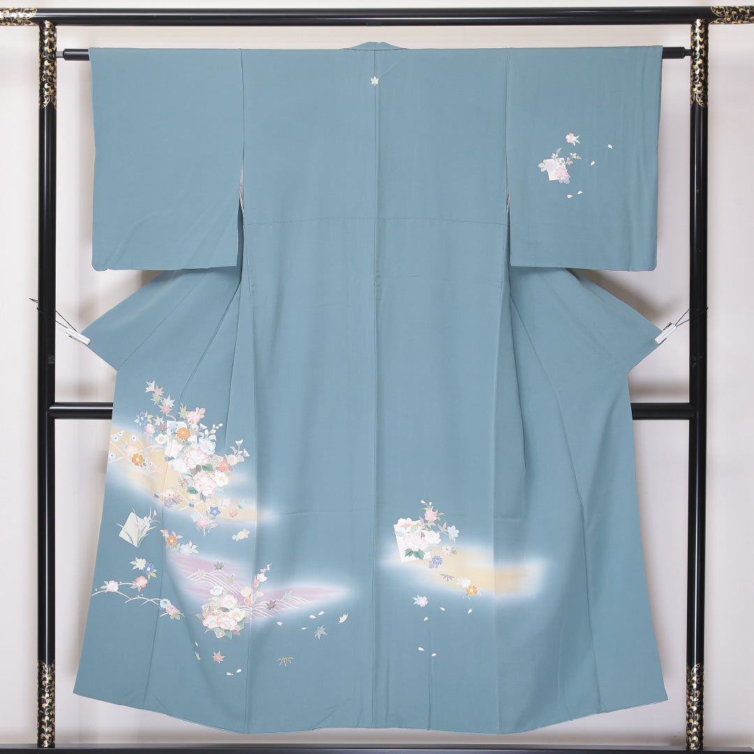 訪問着 袷 身丈149cm 裄61cm 正絹 一つ紋 ぼかし 牡丹 菊 金彩 立ち沢瀉 Aランク 1212-00648