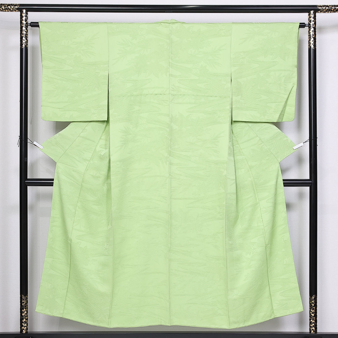 色無地 袷 身丈150cm 裄丈62cm 正絹 Sランク Sサイズ 広衿 インフォーマル 紋意匠 笹 緑系 1214-10339