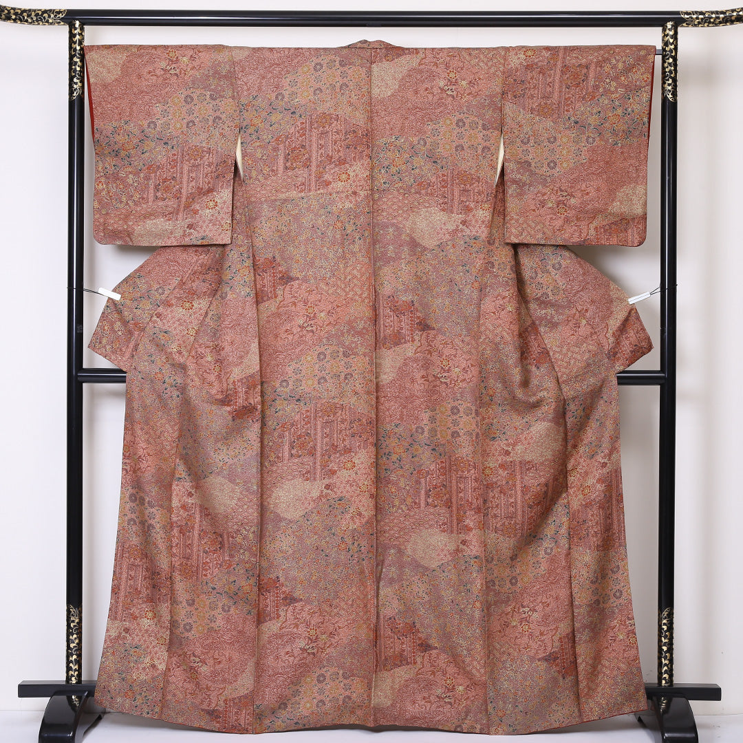 小紋 (錦紗) 袷 身丈165cm 裄丈66cm 正絹 Aランク 広衿 XLサイズ 更紗 茶系 SR 1221-01910