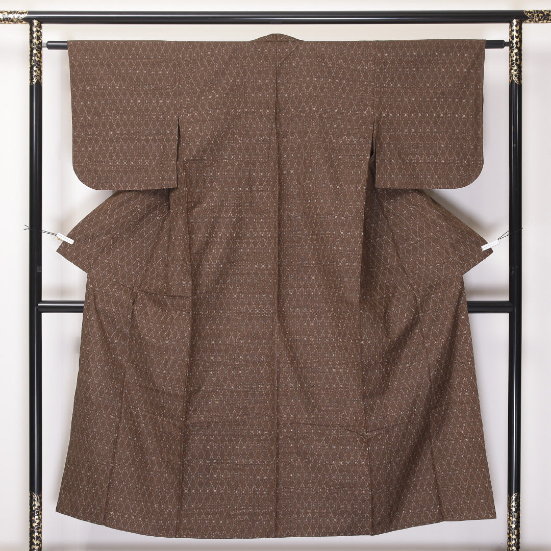 紬 単衣 身丈150cm 裄丈60cm 正絹 Aランク カジュアル 広衿 Sサイズ 居敷当て 立涌 茶系 HP 1223-03627