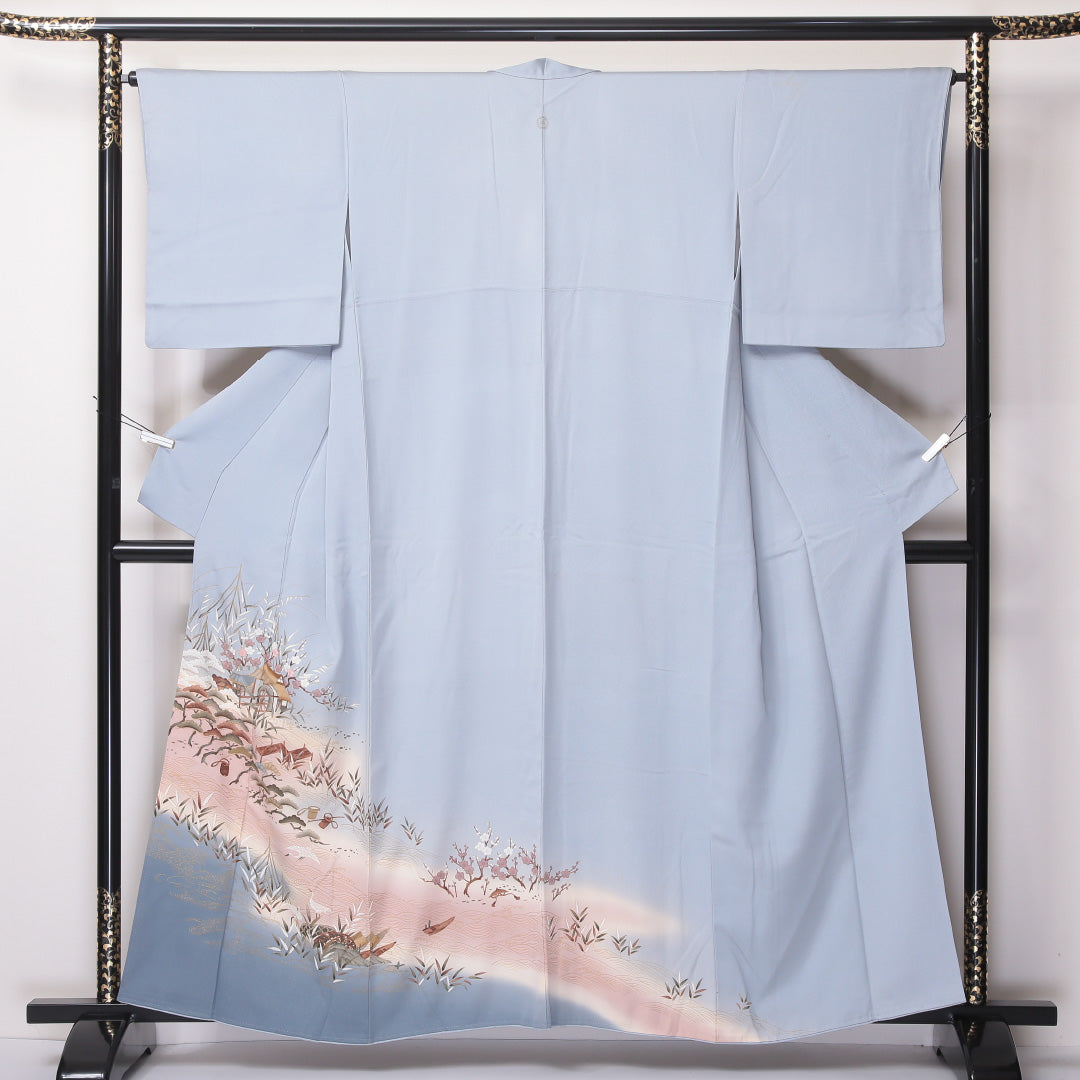 色留袖 袷 身丈157cm 裄64cm 正絹 一つ紋 鶴 梅 金彩 笠松 丸に剣片喰 水色系 Cランク 1211-00152