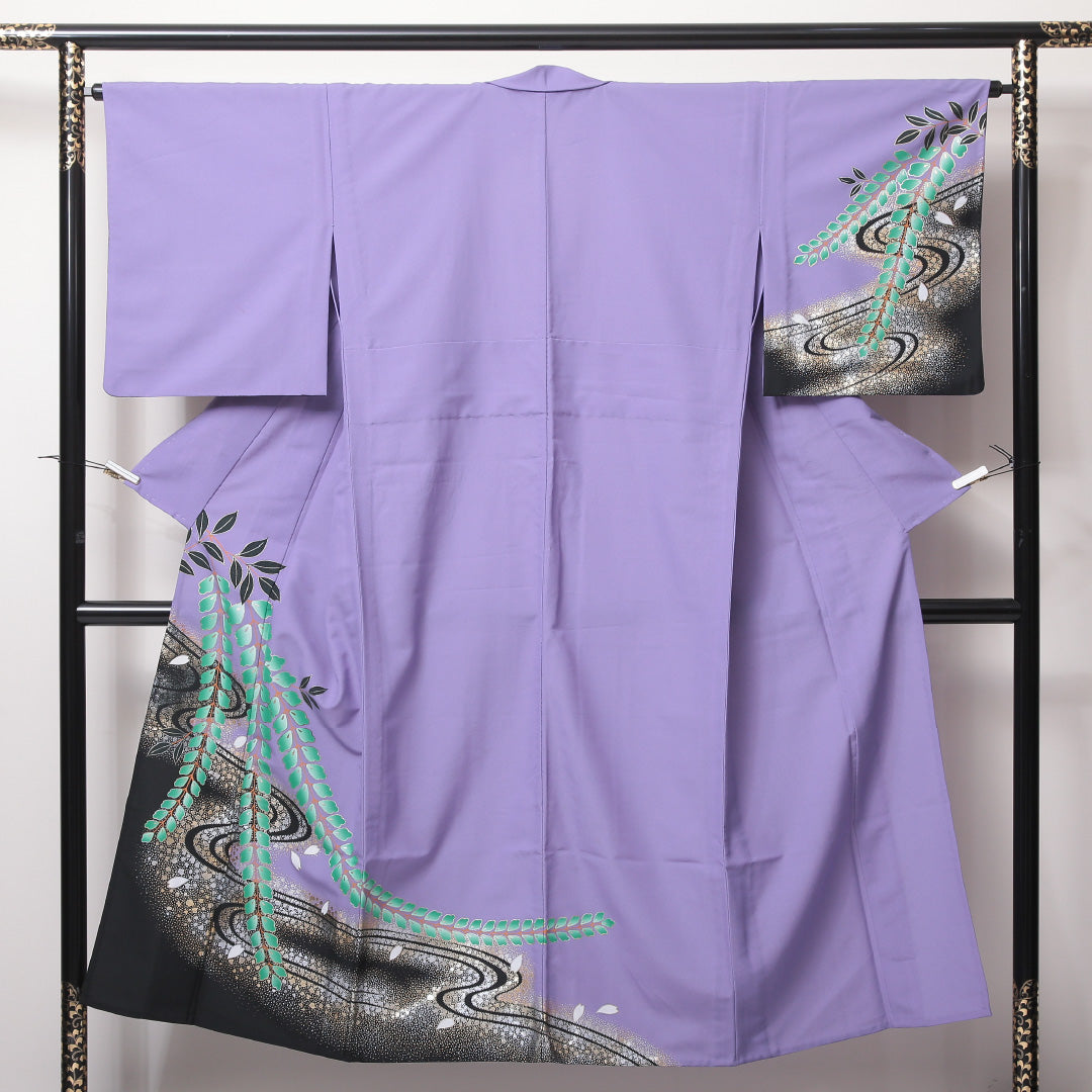 洗える着物 訪問着 単衣 身丈146cm 裄丈64cm ポリエステル Cランク セミフォーマル 広衿 XSサイズ 金箔 流水 桜 紫系 HP 1217-04564