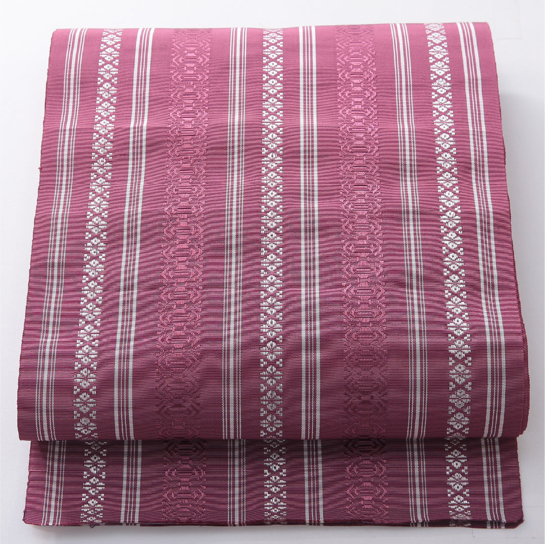 八寸名古屋帯 帯丈394cm インフォーマル 開き仕立て 全通 未仕立て 帯芯なし Sランク 正絹 本場筑前博多織 献上柄 ピンク系 1224-03886