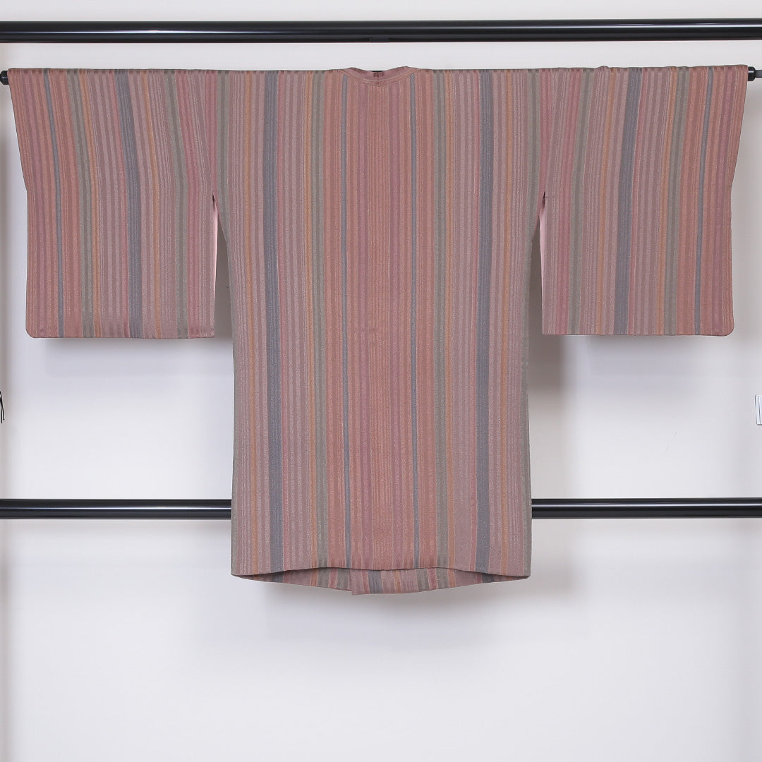 道行コート 袷 身丈91cm 裄丈65cm 正絹 Sランク Mサイズ フォーマル ガード加工 縞 ピンク系 ベージュ系 1263-05888