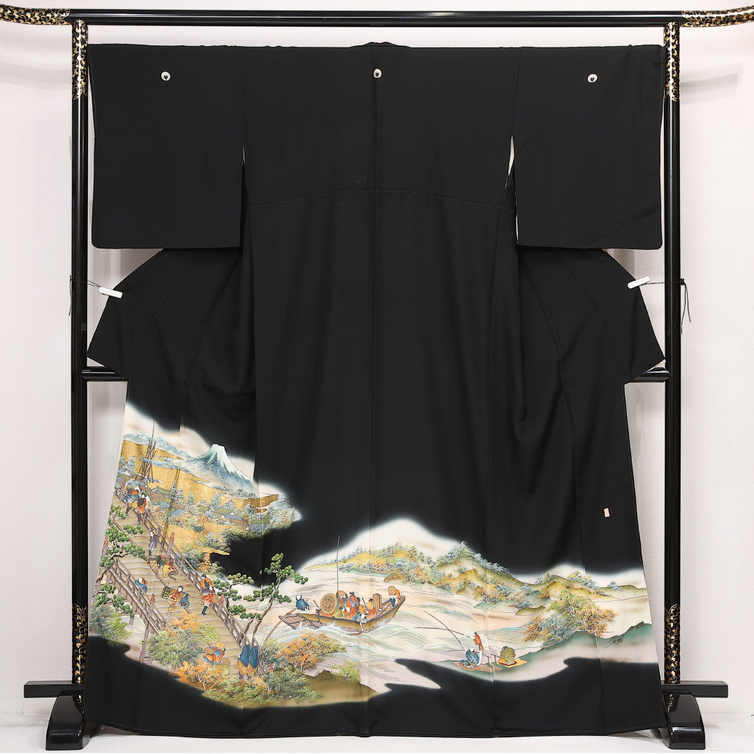 黒留袖 五つ紋 下り藤 身丈166cm 裄丈70cm Aランク 正絹 袷 比翼 広衿 XL 落款 東海道五十三次 フォーマル 写実的 存在感 黒系 1211-F0576