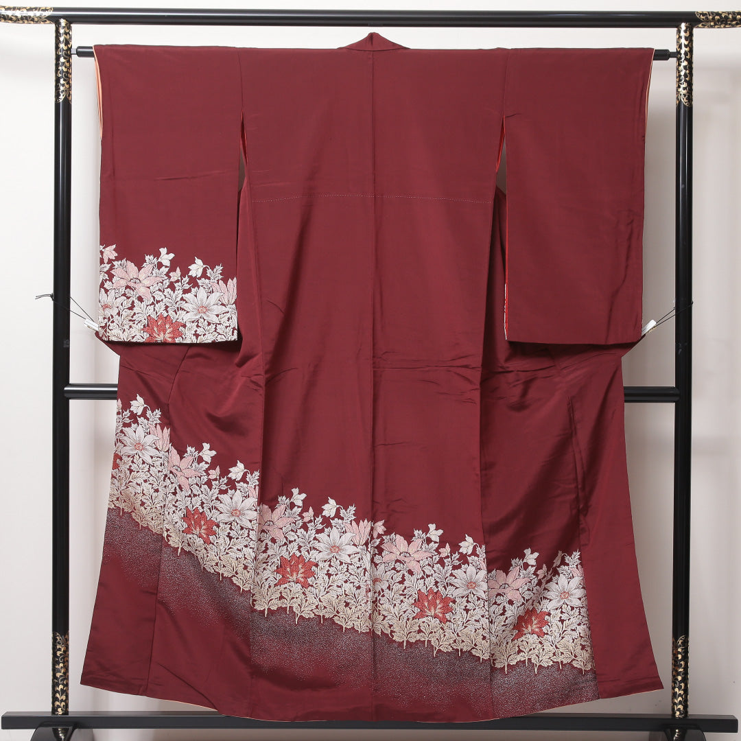 アンティーク 付下げ 袷 身丈155cm 裄丈62cm 正絹 Aランク バチ衿 Mサイズ 芙蓉 赤系 RP 1218-04578