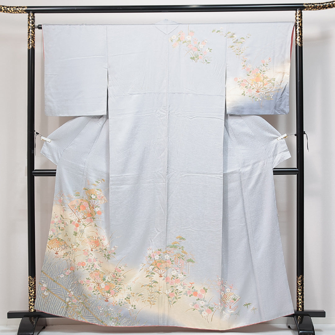 訪問着 袷 身丈160cm 裄丈65cm 正絹 Aランク Lサイズ 広衿 セミフォーマル 扇 グレー系 1212-14805