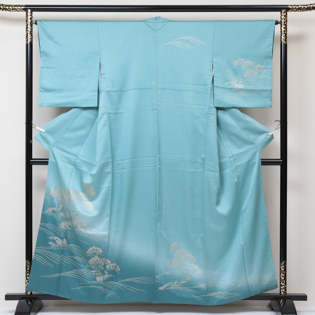 訪問着 袷 身丈157cm 裄65cm 正絹 緑系 Aランク 鹿の子 松 刺繍 金彩 1212003553319