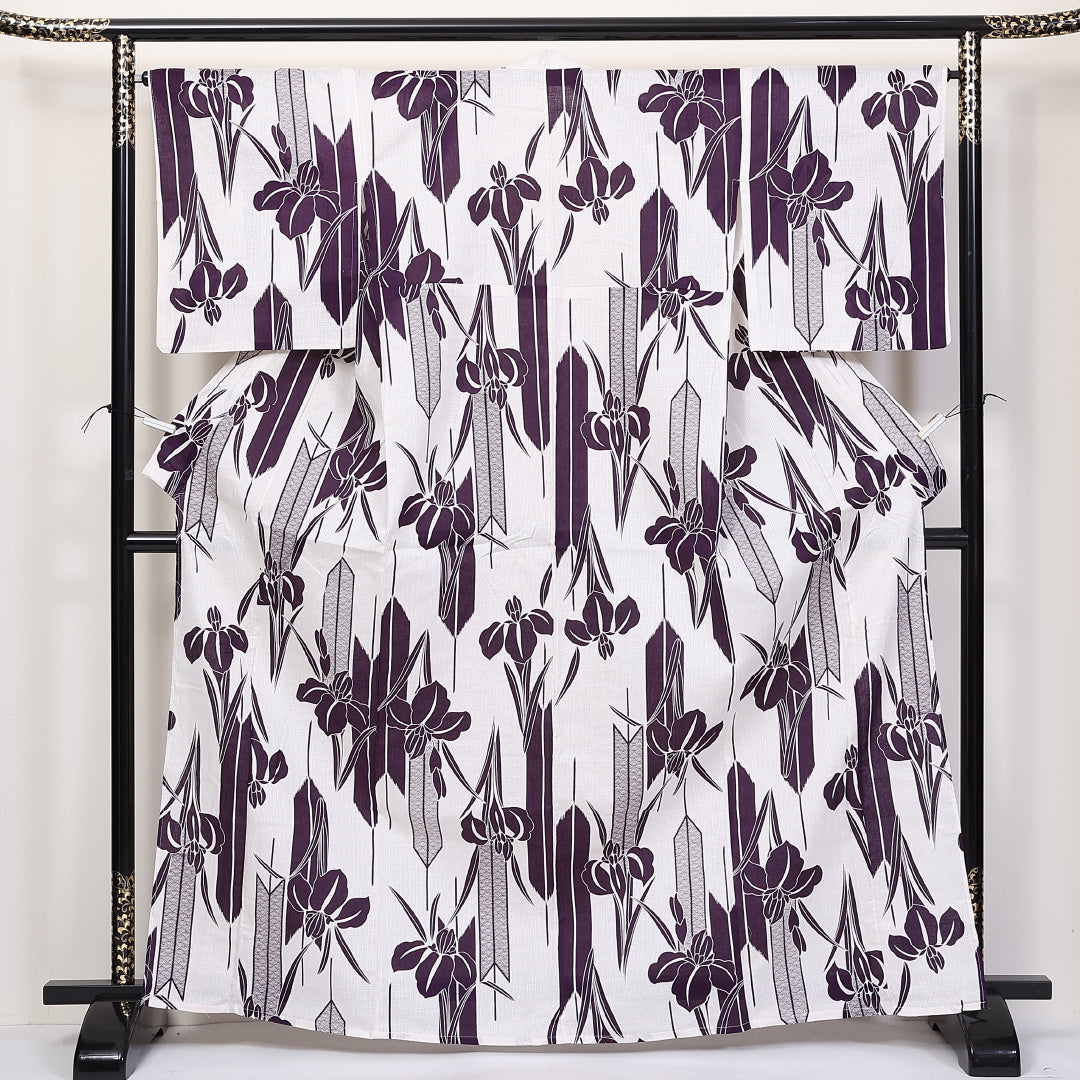 新品 綿麻 浴衣 身丈163cm 裄丈67cm 洗える着物 菖蒲 紫系 Nランク 1218-00083