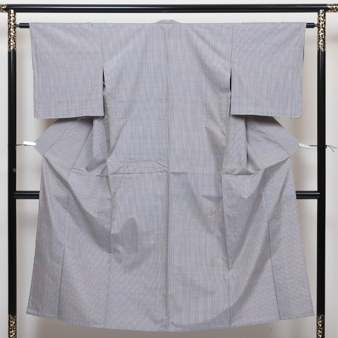 紬 単衣 身丈145cm 裄丈62cm 正絹 Bランク XSサイズ バチ衿 カジュアル 縞 グレー系 1216-02915