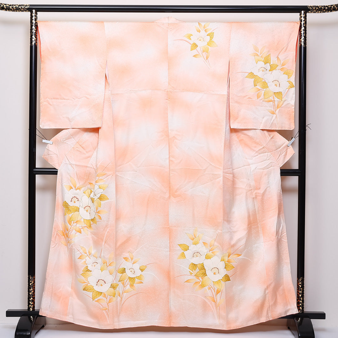 訪問着 袷 身丈162cm 裄丈68cm 正絹 Sランク セミフォーマル 広衿 Lサイズ ぼかし染 金駒刺繍 雲取り 朱系 RP 1217-04657