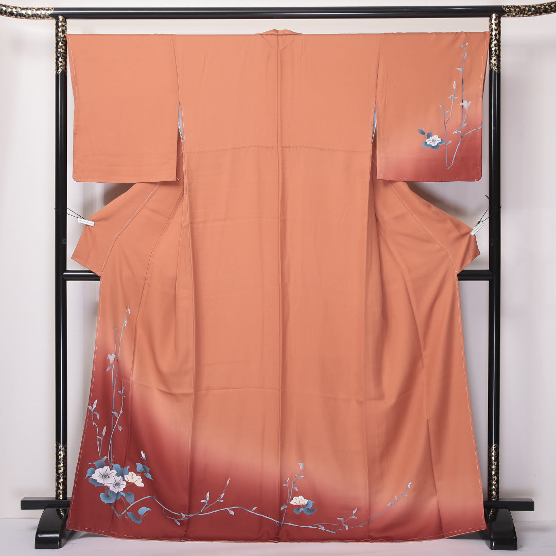 訪問着 袷 身丈170cm 裄丈67cm 正絹 Sランク セミフォーマル 広衿 2XLサイズ ぼかし染 金彩 芙蓉 茶系 RP 1217-04600