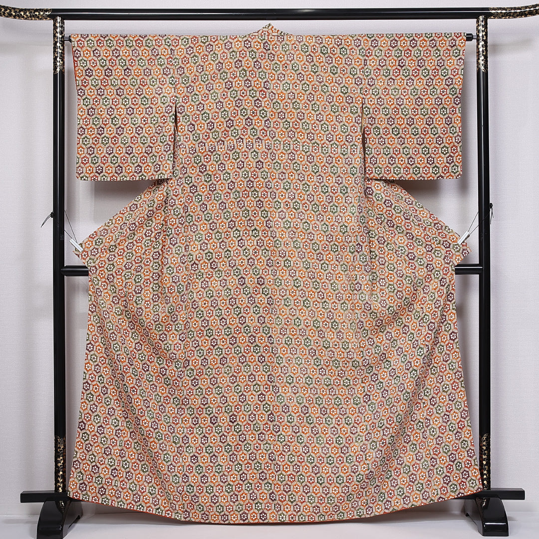 小紋 身丈163cm 裄丈64cm L 正絹 Sランク 袷 バチ衿 花亀甲 1215-10940