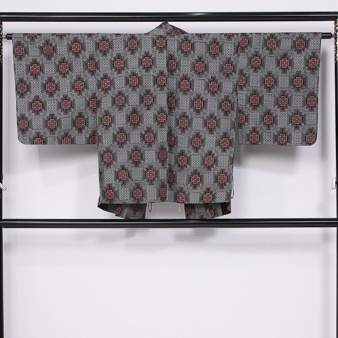 道中着 (大島紬) 袷 身丈74cm 裄丈62cm 正絹 Aランク インフォーマル Sサイズ 花菱 四ツ目菱 グレー系 RP 1236-10764