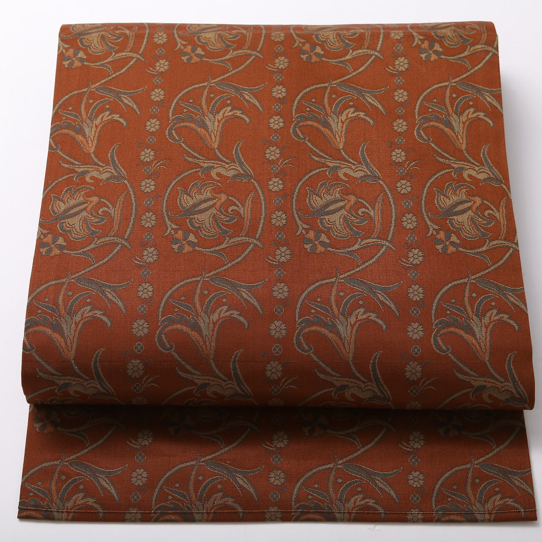 九寸 名古屋帯 帯丈363cm 名古屋仕立て 全通 Sランク カジュアル 正絹 百合 シック 落ち着き 茶系 1224-03024