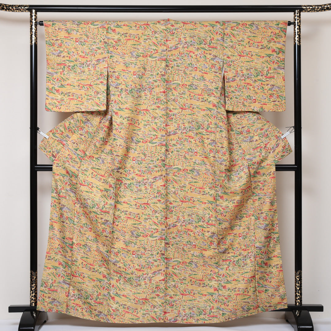 小紋 洗える着物 袷 身丈161cm 裄丈64cm ポリエステル Aランク Lサイズ 広衿 インフォーマル 茶屋辻 黄系 1215-01596