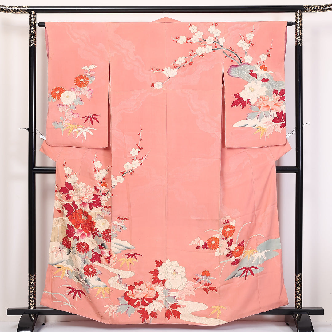 アンティーク 小振袖 身丈161cm 裄丈62.5cm Cランク 袷 正絹 広衿 花車 1213-F0070