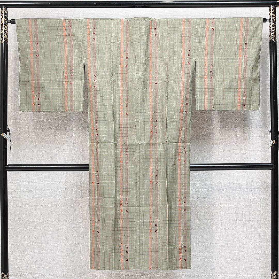 道行コート 袷 身丈132cm 裄丈66cm 正絹 Sランク Mサイズ インフォーマル ポケットあり 格子 桜 緑系 1263-14846