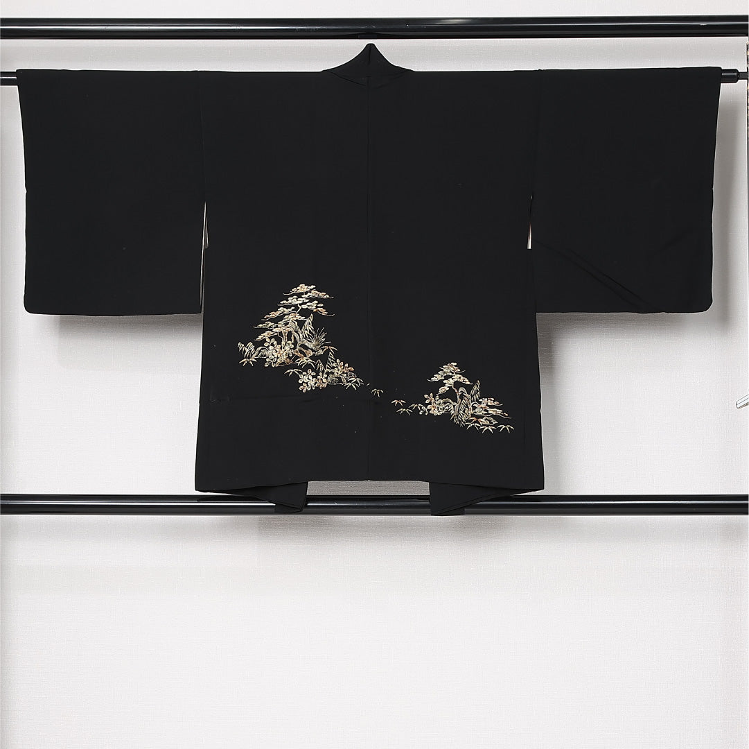 黒羽織 袷 身丈75cm 裄丈63cm 正絹 Cランク インフォーマル Sサイズ 紐あり 松 黒系 LP 1233-12926