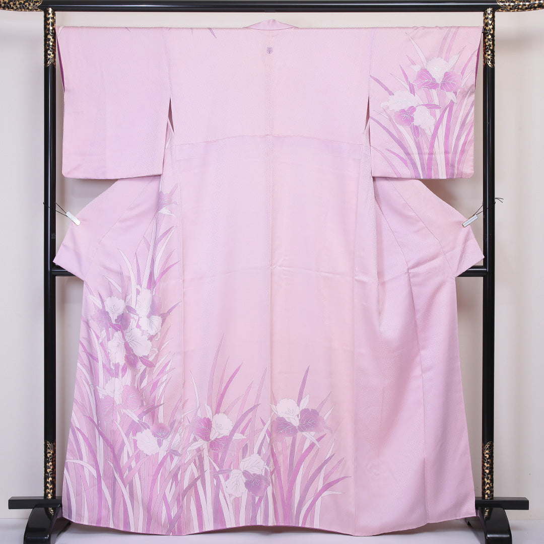 訪問着 袷 身丈160~164cm 裄68cm 正絹 一つ紋 菖蒲 五瓜に桔梗 ピンク系 Aランク 1212-00552