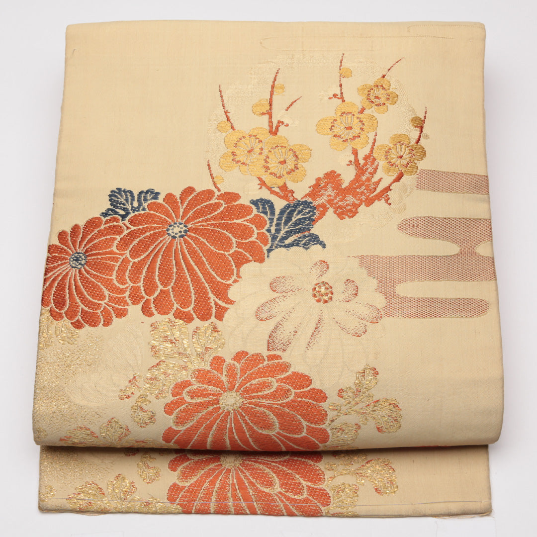 アンティーク 名古屋帯 帯丈339cm Cランク 名古屋仕立て ポイント柄 正絹 雪輪 菊 エ霞 セミフォーマル クリーム系 1224-01535