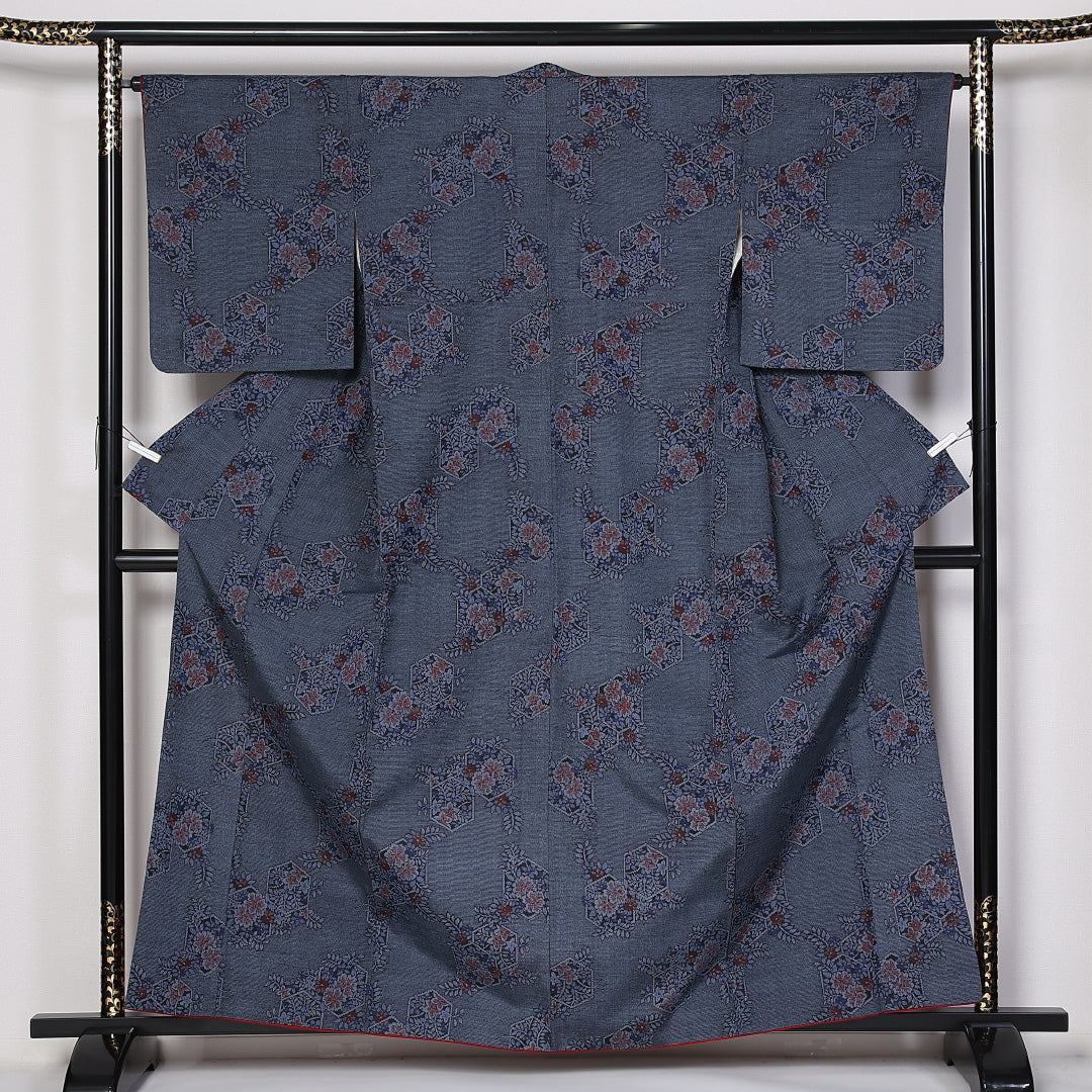 紬 袷 身丈160cm 裄丈64cm 正絹 Aランク カジュアル 広衿 Lサイズ 花柄 紺系 RP 1223-03867