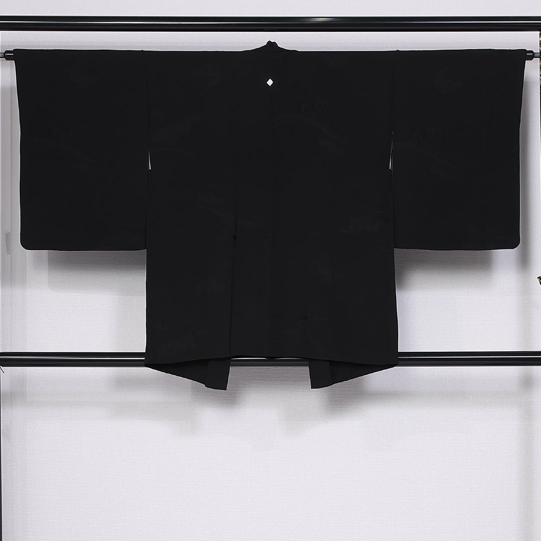 羽織 身丈81cm 裄丈64cm M 正絹 Aランク 袷 一つ紋 四ツ目菱 黒羽織 1217-10612