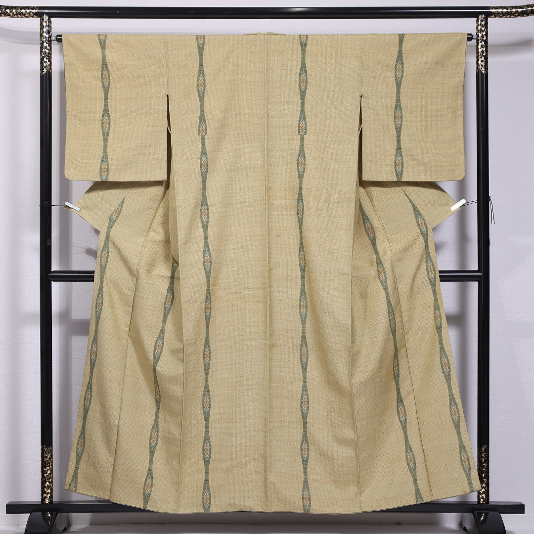 紬 袷 身丈156cm 裄丈64cm 正絹 Cランク カジュアル 広衿 Mサイズ よろけ縞 緑系 LP 1223-11813