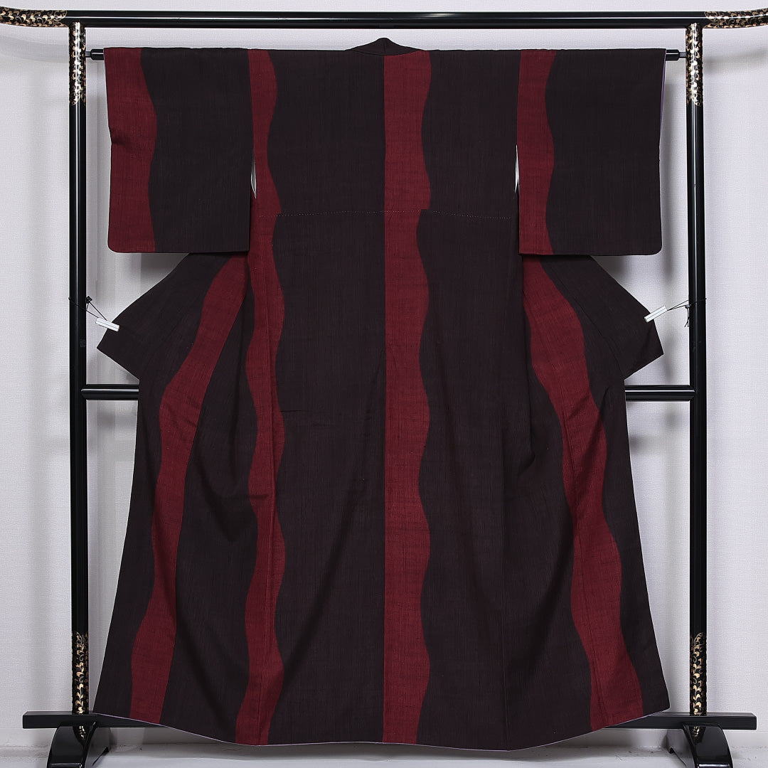 紬 身丈160cm 裄丈63.5cm L 正絹 Aランク 袷 広衿 よろけ縞 真綿紬 1216-10516