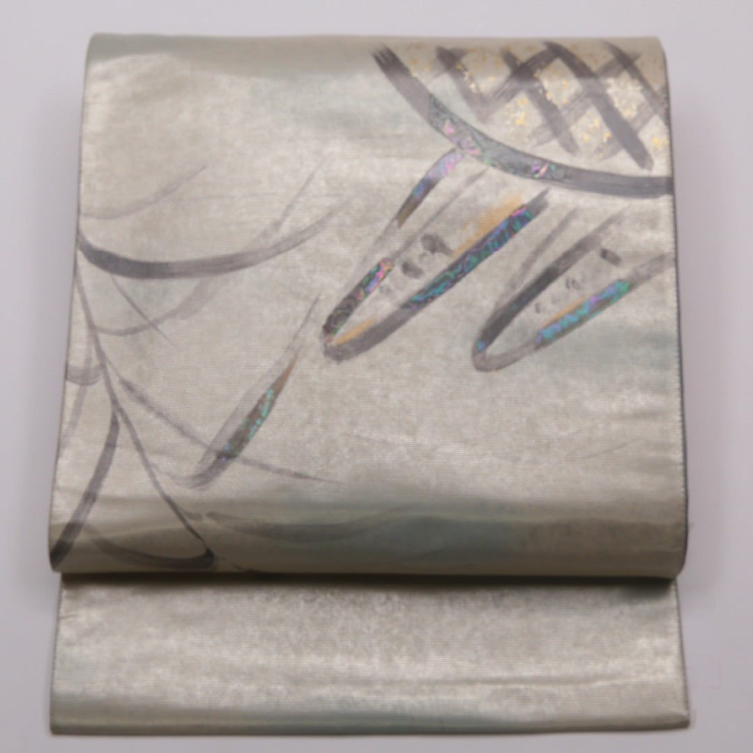 袋帯 帯丈440cm 六通 セミフォーマル Bランク 正絹 引箔 水色系 創作 クリーム系 1223-01430