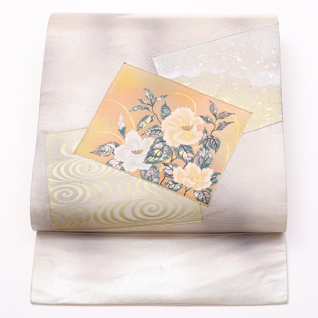 名古屋帯 帯丈338cm ポイント柄 名古屋仕立て Bランク セミフォーマル 金駒刺繍 引箔 金彩 牡丹 クリーム系 正絹 銀系 1224-00999