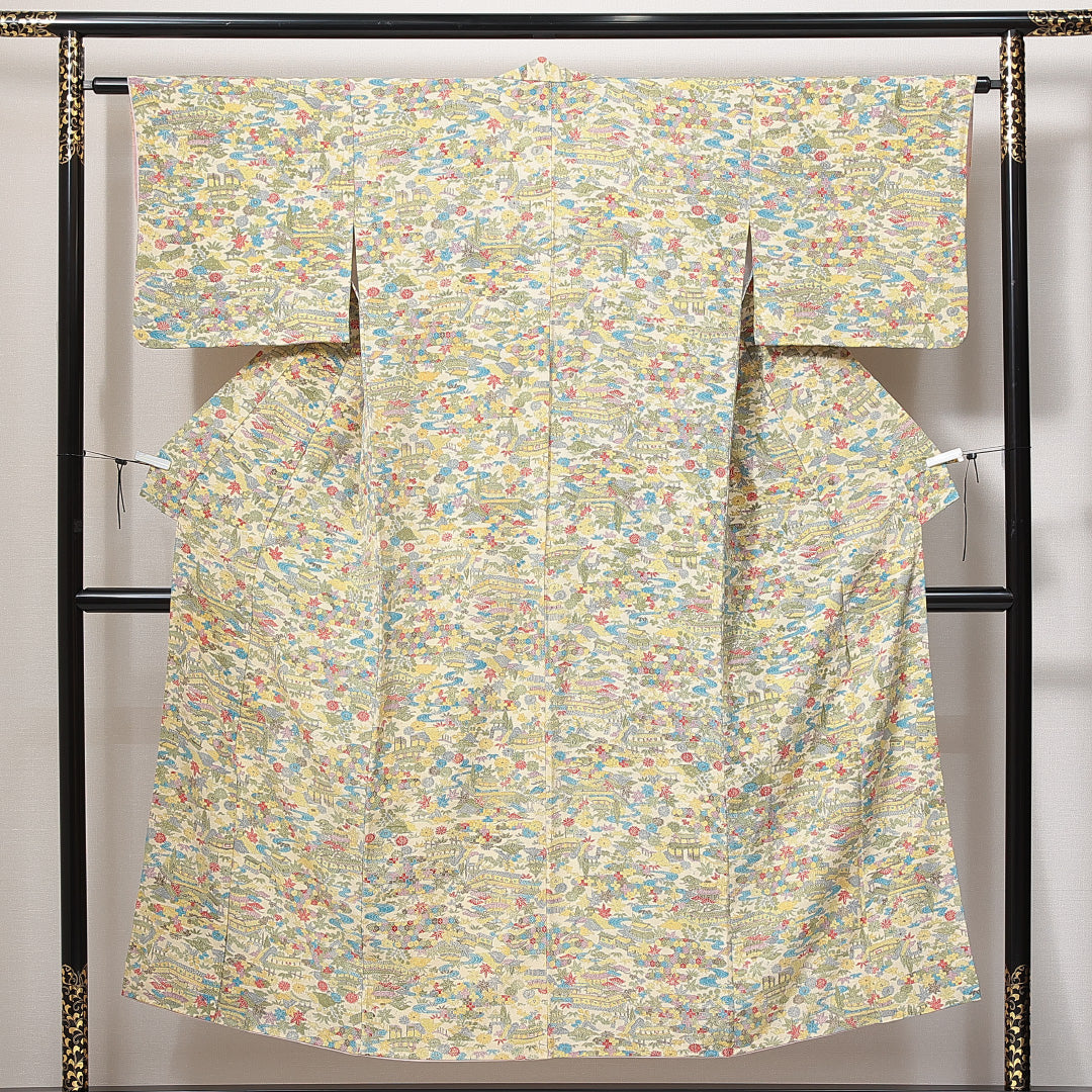 小紋 袷 身丈147cm 裄丈61cm 正絹 Sランク インフォーマル バチ衿 XSサイズ 楼閣 花柄 クリーム系 RP 1221-14933