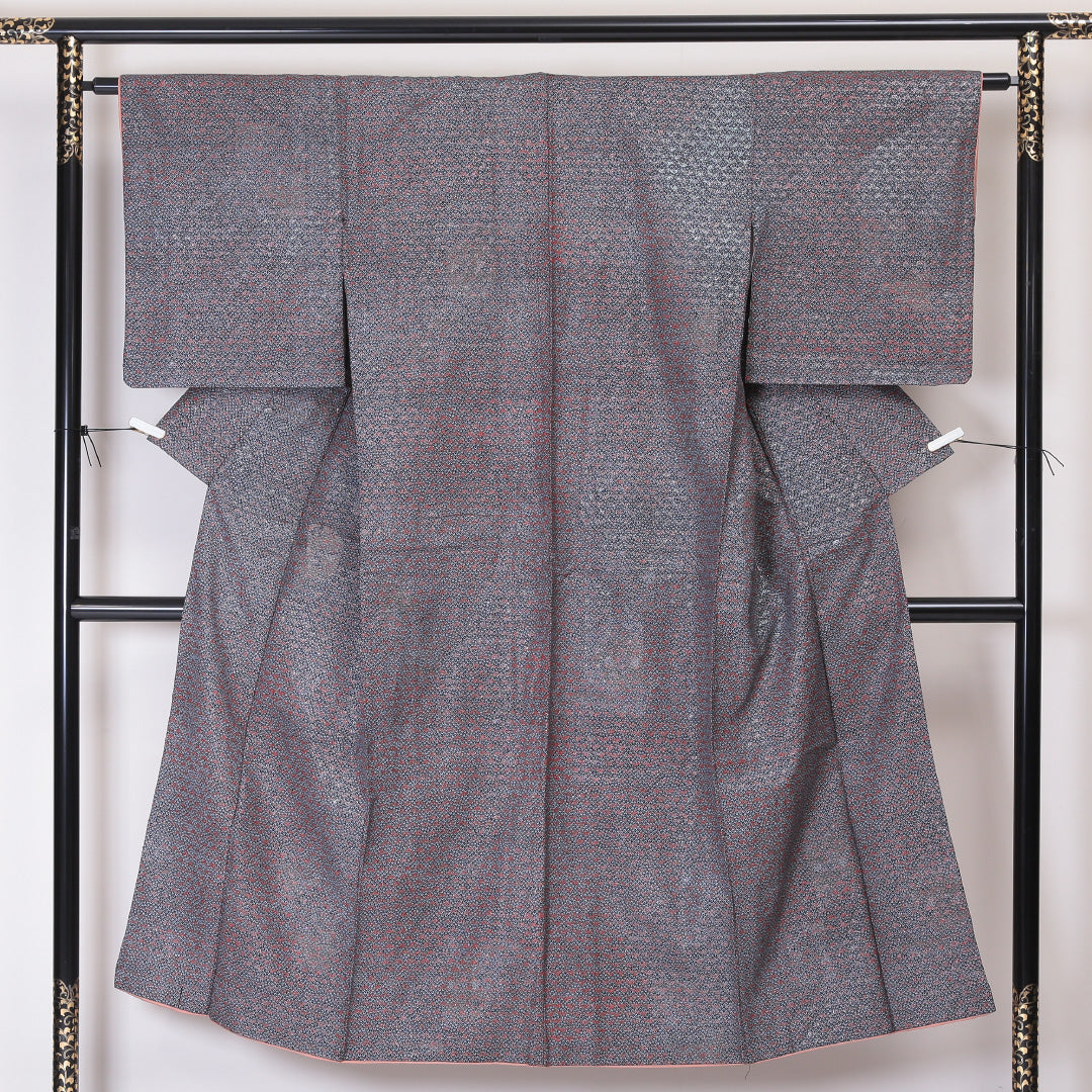 小紋 袷 身丈146cm 裄丈63cm 正絹 Sランク XSサイズ 広衿 インフォーマル 織り出し 笹 黒系 銀系 1215-02042