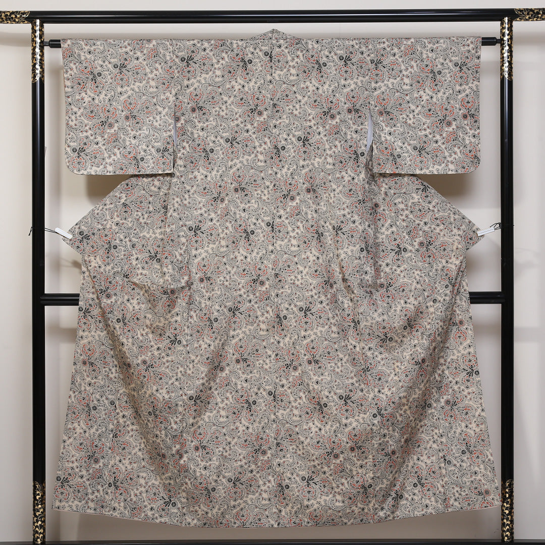 小紋 袷 身丈150cm 裄丈62cm 正絹 Cランク インフォーマル バチ衿 Sサイズ 植物柄 白系 HP 1221-01673