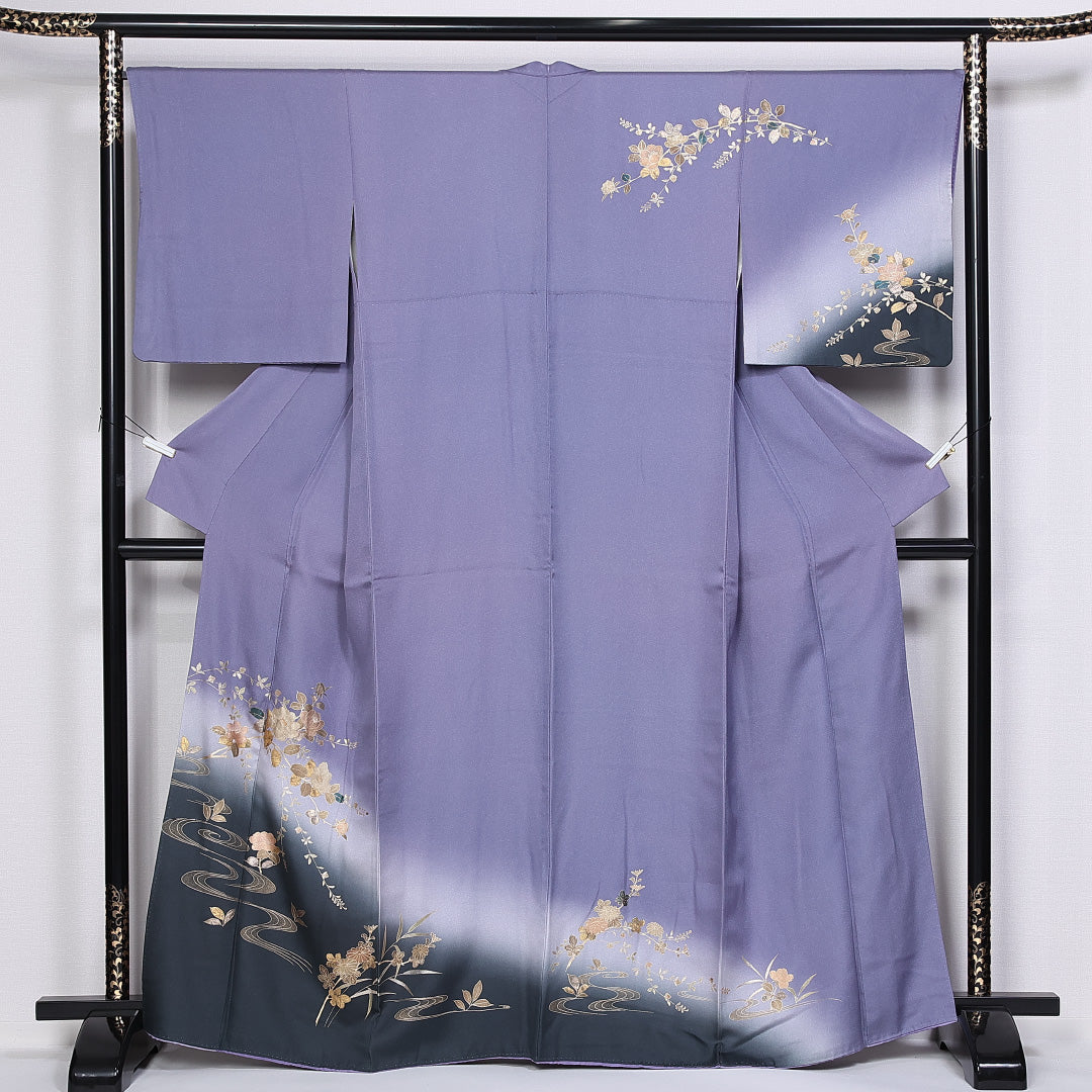 訪問着 身丈164cm 裄丈66cm Aランク 袷 正絹 広衿 ぼかし 流水 牡丹 金箔 1212-10198