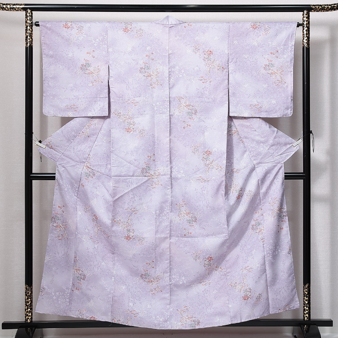 未使用品 洗える着物 小紋 袷 身丈156cm 裄丈63cm ポリエステル Nランク インフォーマル 広衿 Mサイズ しつけ糸 吉祥文様 紫系 RP 1221-14913