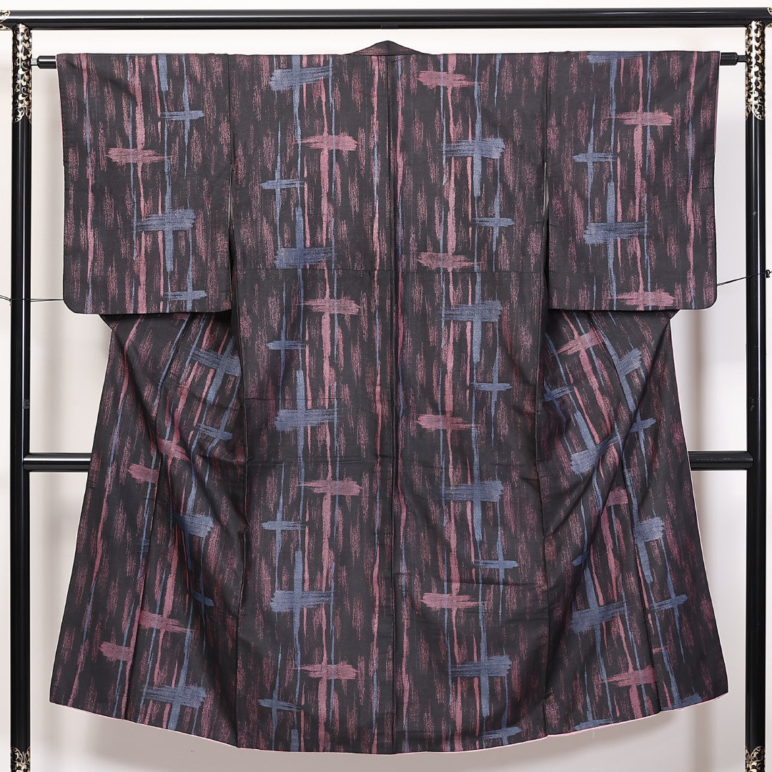 アンティーク 小紋 袷 身丈137cm 裄丈62cm 正絹 Aランク XSサイズ バチ衿 創作柄 黒系 1215-02308