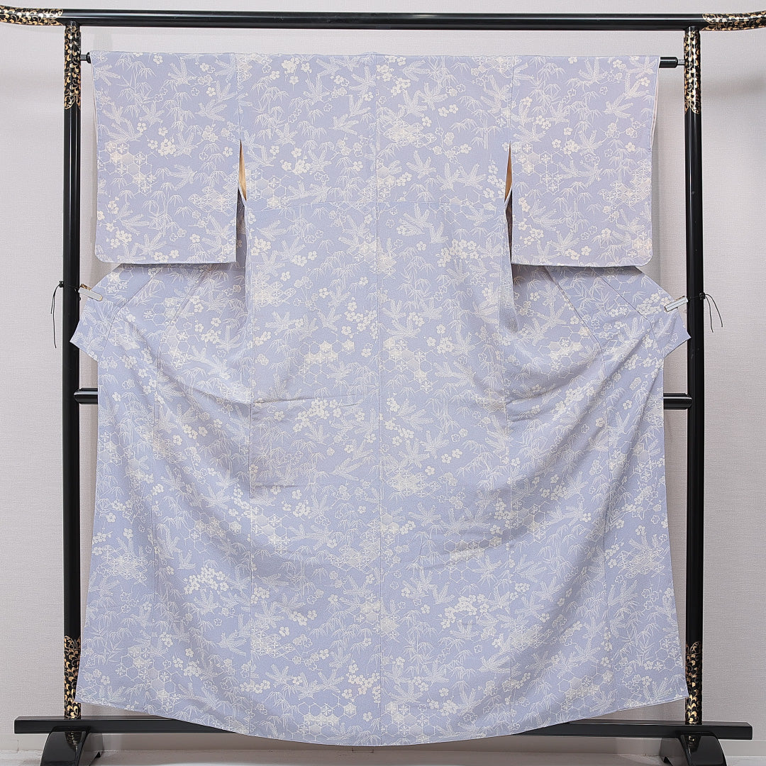 小紋 袷 身丈161cm 裄丈63cm 正絹 Aランク Lサイズ バチ衿 インフォーマル 七宝 梅 水色系 1215-15649