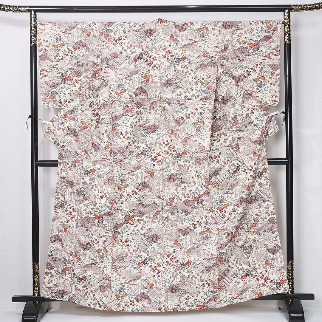紬 身丈164cm 裄丈66cm Cランク L 正絹 単衣 広衿 茶屋辻 後染め カジュアル クリーム系 1216-12216