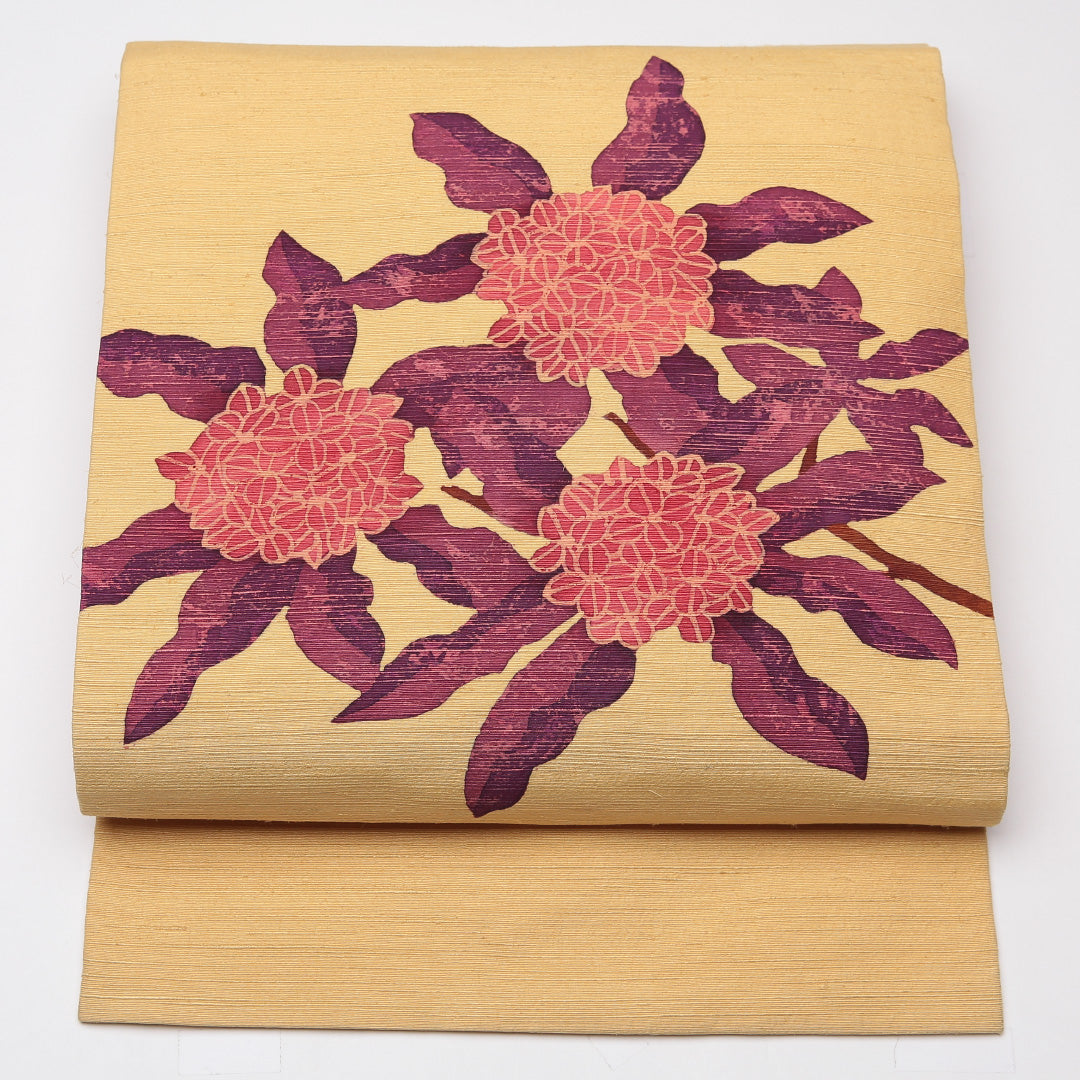 名古屋帯 正絹 縮緬生地 型染め 黄 白 多色 桜 毬 うさぎ 九寸 