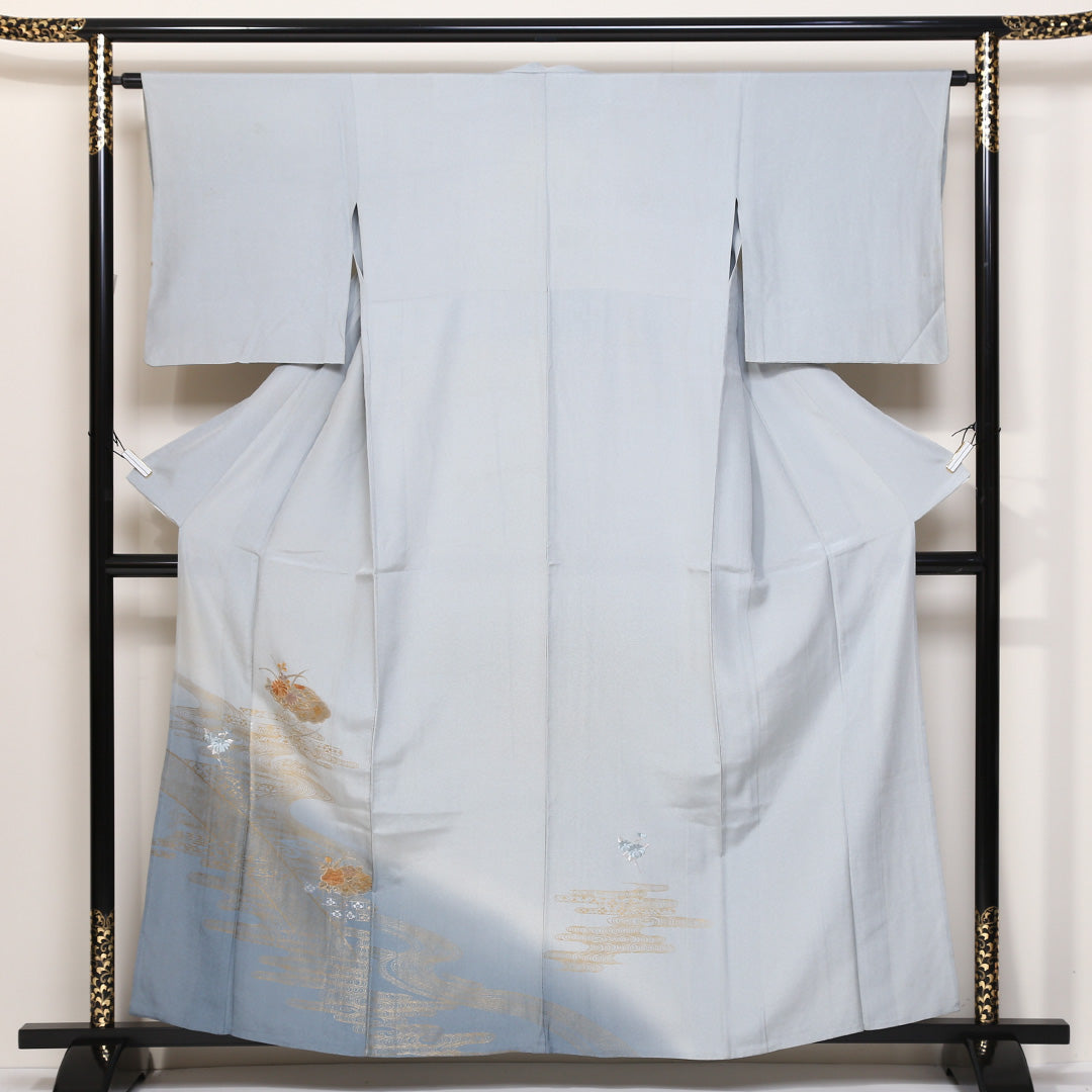 訪問着 袷 身丈159cm 裄丈63cm 正絹 Bランク セミフォーマル 広衿 Mサイズ 金彩 蘇州刺繍 汕頭刺繍 吉祥文様 水色系 HP 1217-04418