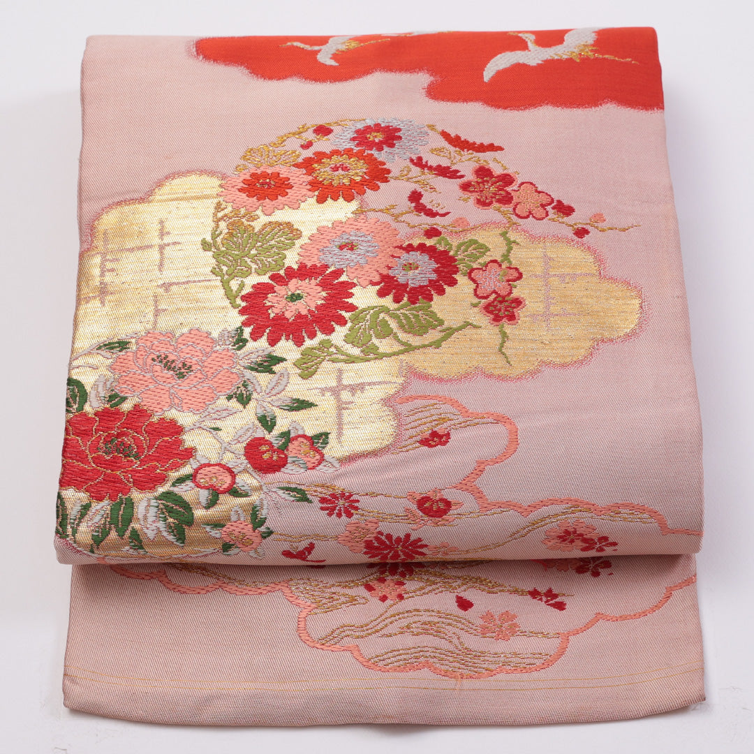 アンティーク 九寸名古屋帯 Cランク 帯丈322cm 正絹 六通 名古屋仕立て 織り 鶴 雲取り 菊 ピンク系 LP 1245-00882