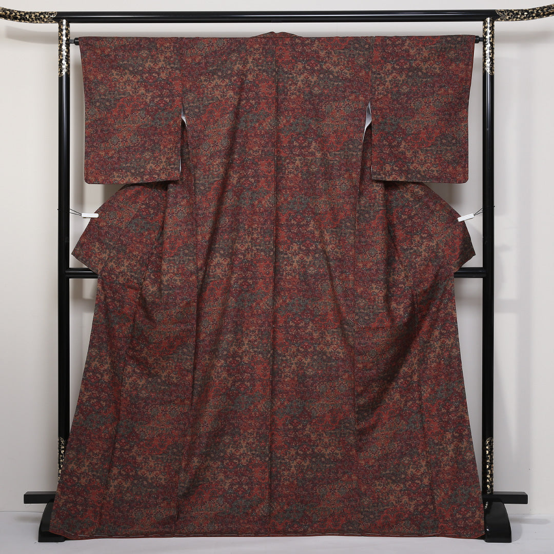 紬 袷 身丈173cm 裄65cm 正絹 茶系 Sランク 更紗 しつけ糸 1216-00661-2614