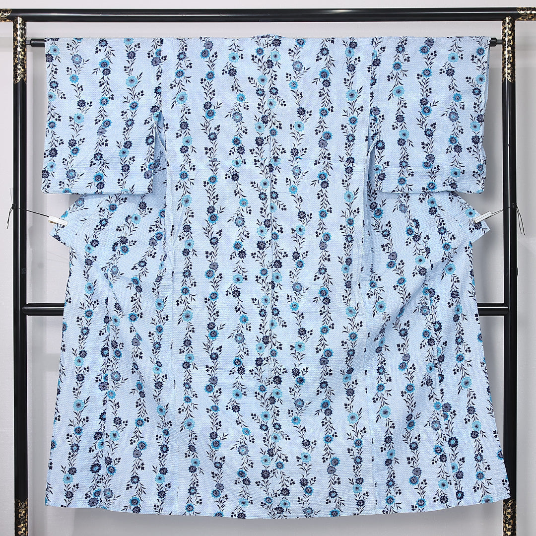 夏物 洗える着物 浴衣 夏物 身丈145cm 裄丈63cm ポリエステル Cランク カジュアル バチ衿 XSサイズ 居敷当て 肩当て 花柄 水色系 LP 1225-12448