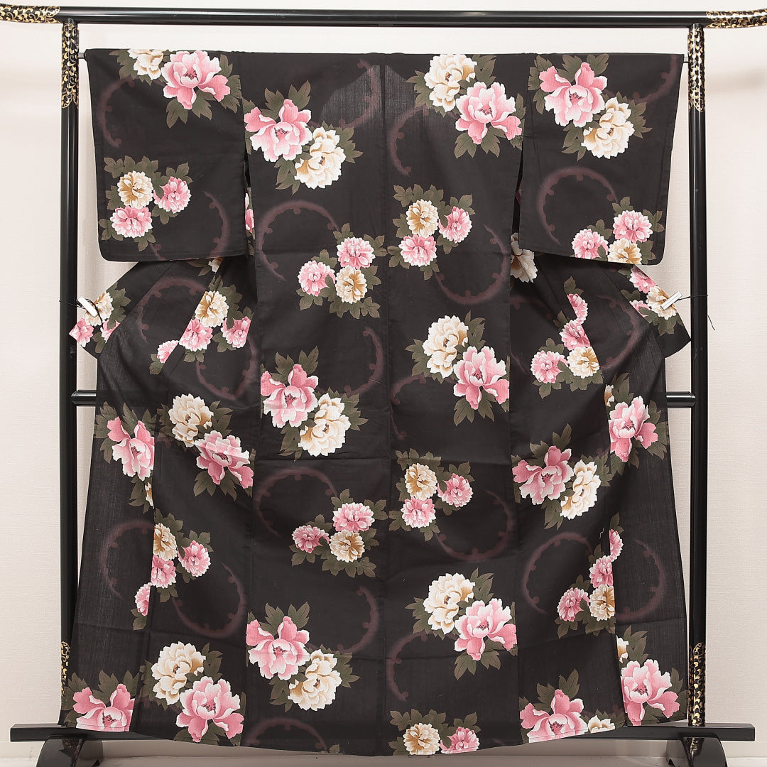 浴衣 黒系 木綿 単衣 雪輪 1225-17117 背面全体