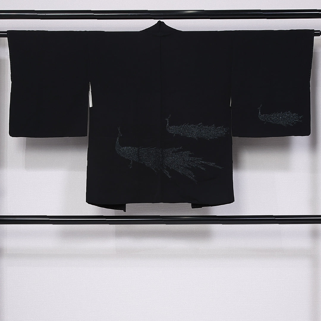 羽織 身丈72cm 裄丈62cm S 正絹 Sランク 袷 紐あり 黒羽織 孔雀 漆糸 1217-11085