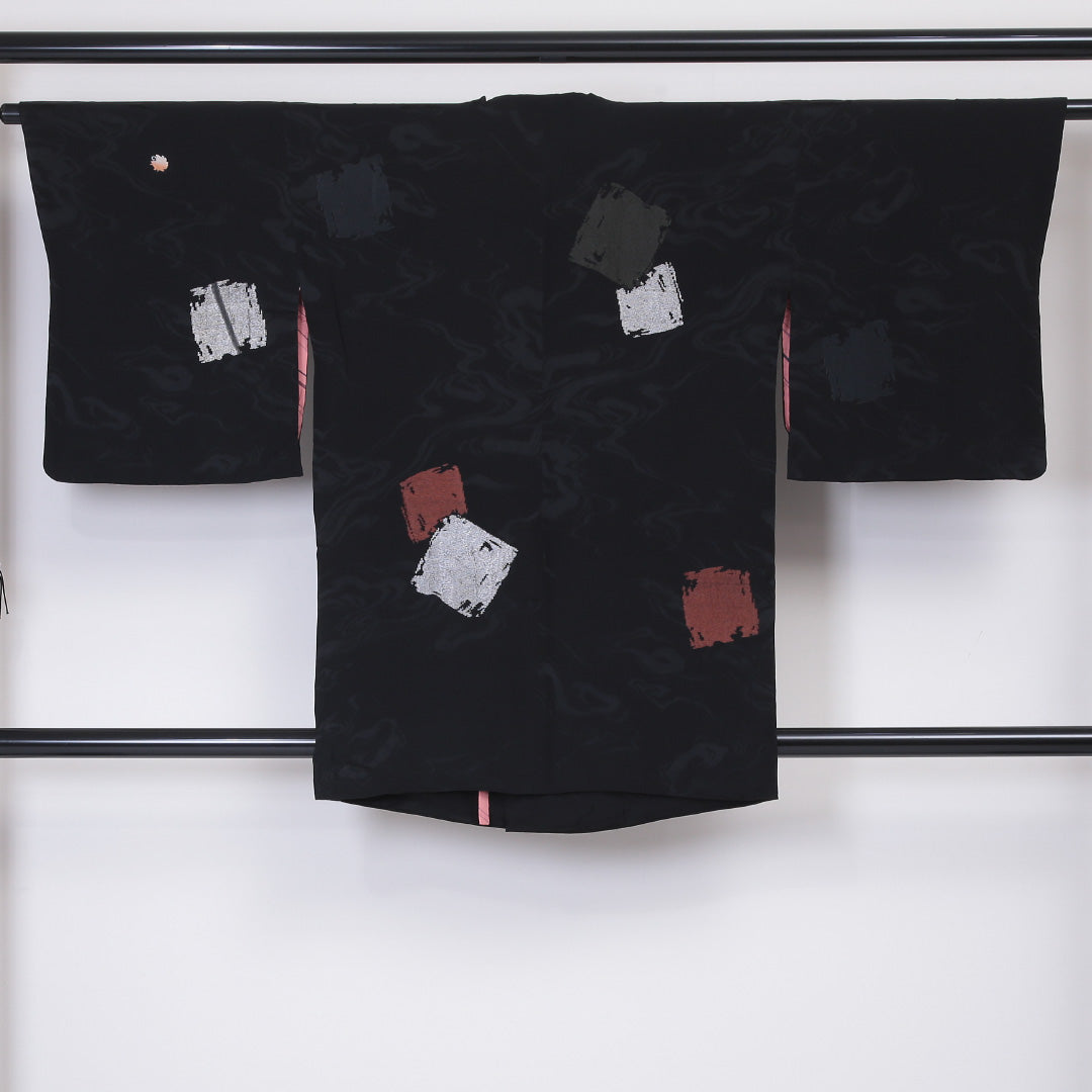 アンティーク 道行コート 袷 身丈86cm 裄丈63cm 正絹 Aランク Sサイズ 刺繍 家紋柄 黒系 RP 1237-05906