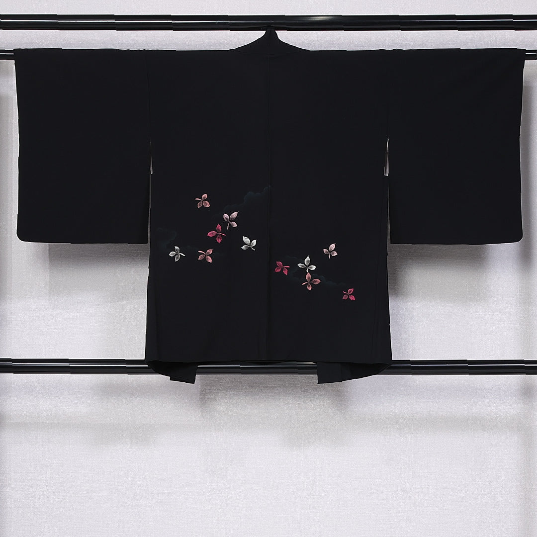 黒羽織 袷 身丈79cm 裄丈62cm 正絹 Sランク インフォーマル Sサイズ 刺繍 植物柄 黒系 RP 1233-11086