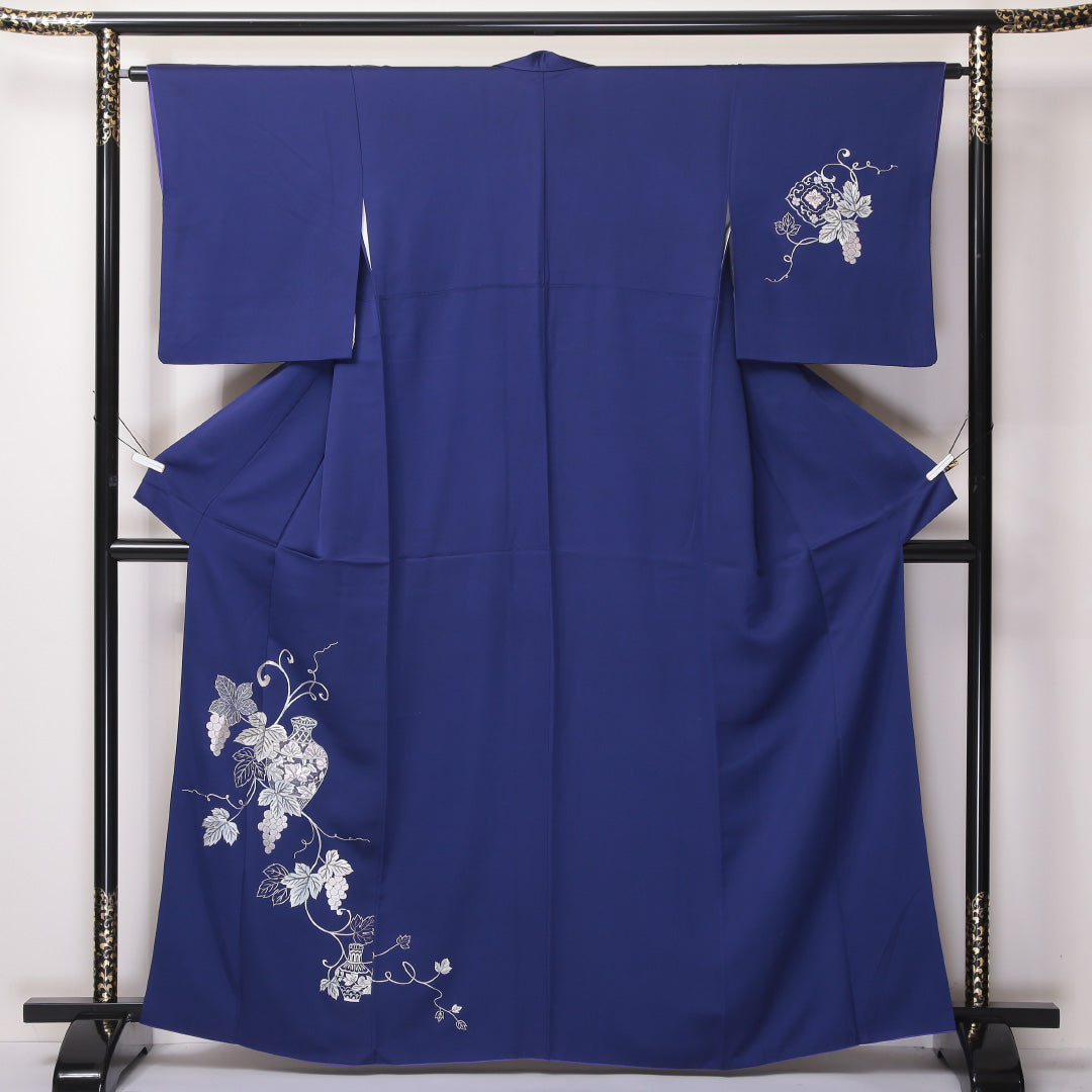 訪問着 袷 身丈160~164cm 裄62cm 正絹 葡萄 壺 蘇州刺繡 鉄紺 青系 Aランク 1212-00614